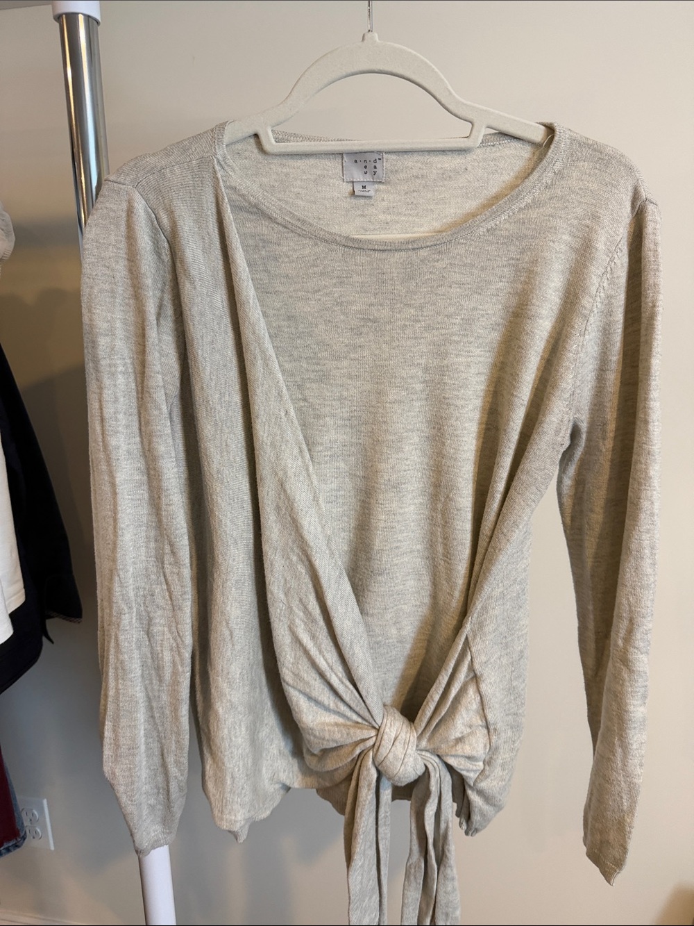 a new day Cream/Gray Long Sleeve Tie-Front Wrap Sweater